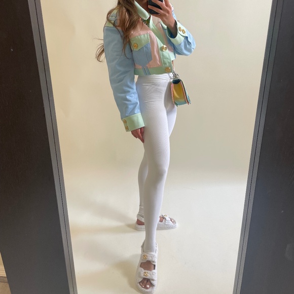 Balmain Multicolor Pastel Crop Blue Pink Seafoam Green Button Jacket Denim - Picture 2 of 11